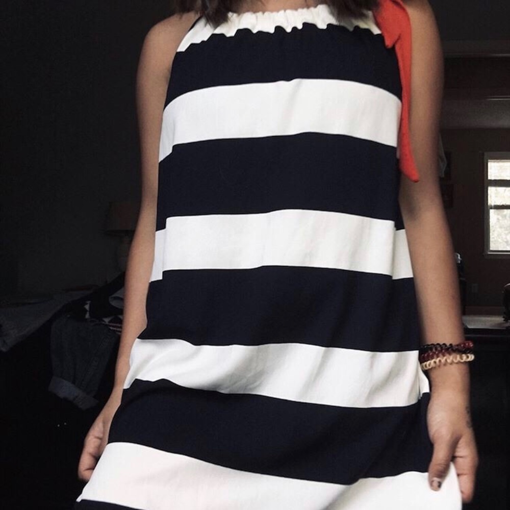 Striped dress with neck tie